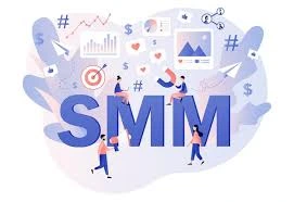 Illustration representing SMM in digital marketing with icons of analytics, engagement, and social media platforms.

